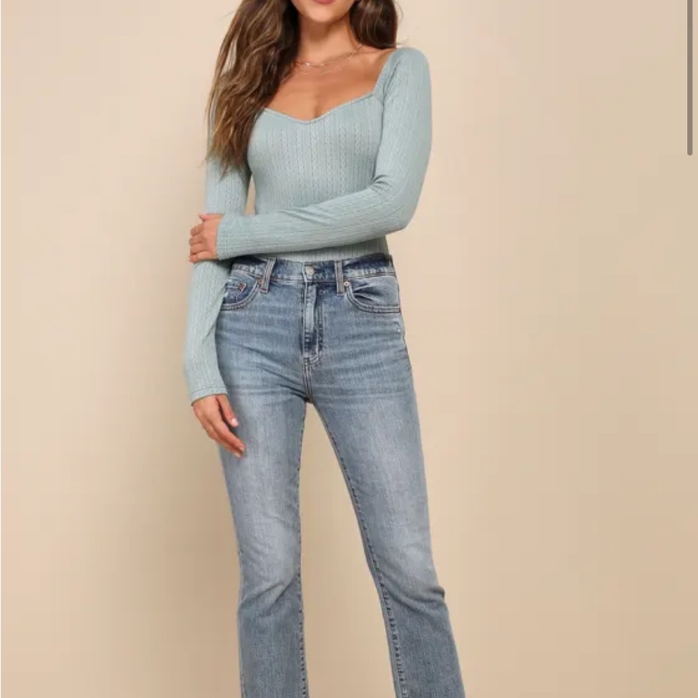 Lulus Too-cute Attitude Sage Green Pointelle Knit Long Sleeve Bodysuit - Picture 4 of 12